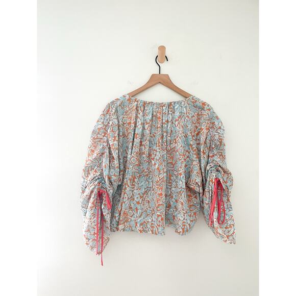 Anthropologie Floral Shirred Top Oversized Bohemian Hippie Tie Long Sleeves - Picture 9 of 11